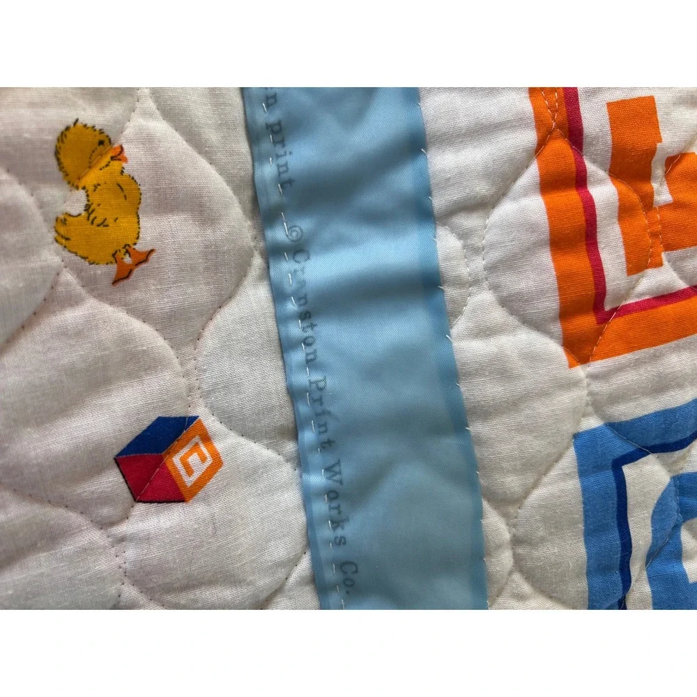Vintage Baby Quilt Blanket Satin Trim Alphabet Teddy Bear Train Nursery‎ 34x44